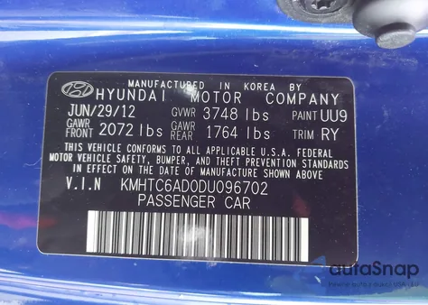 2013 Hyundai Veloster Base W/Black from USA, damaged, VIN KMHTC6AD0DU096702